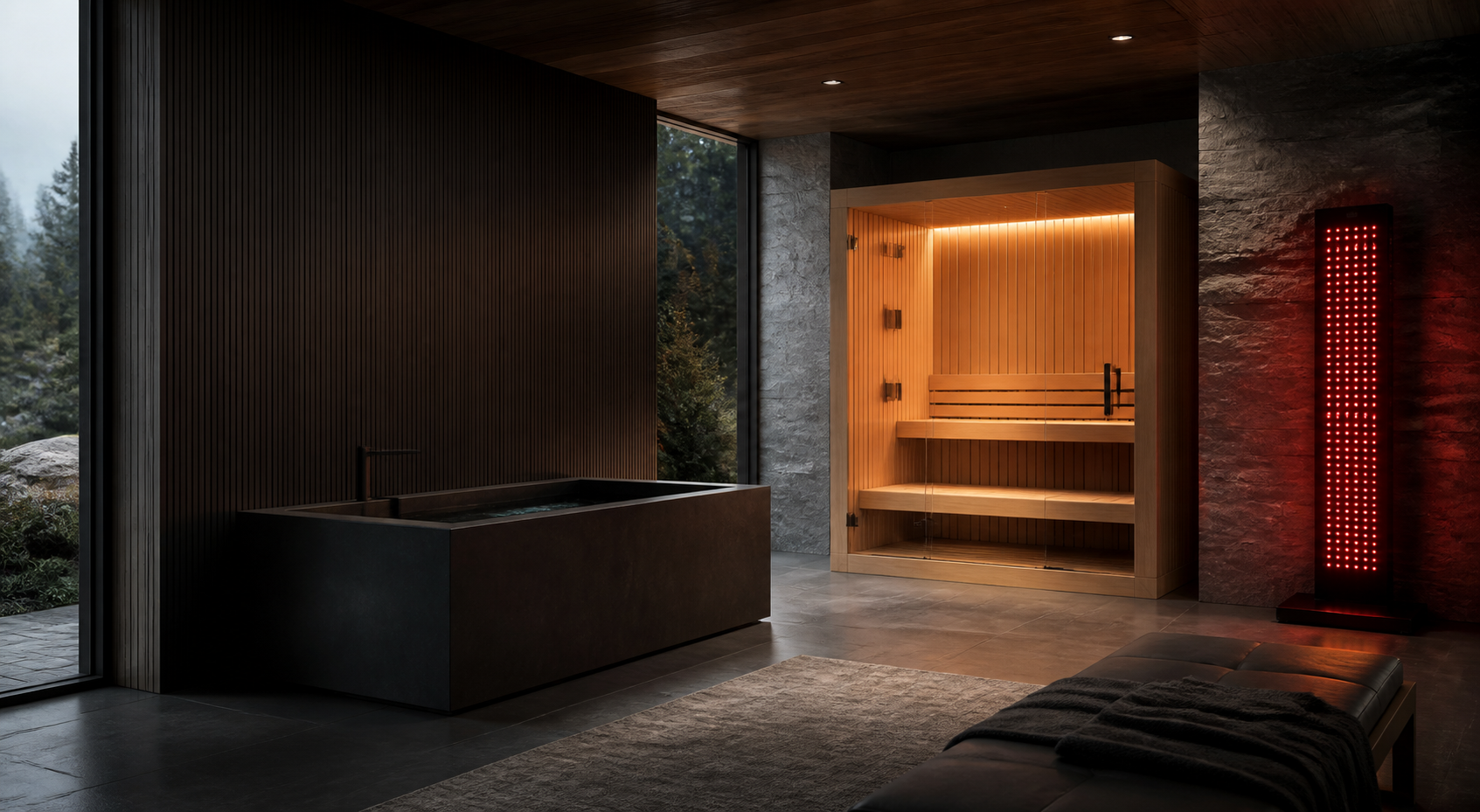 Cold plunge, infrared sauna and red light therapy in a home wellness room